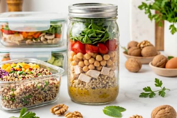 Healthy layered mason jar salad and glass containers with quinoa and chicken for sustained energy cold meal prep.