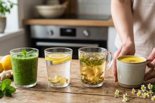 Four healthy liver-support drinks on a wooden kitchen counter, representing a daily wellness and hydration schedule.