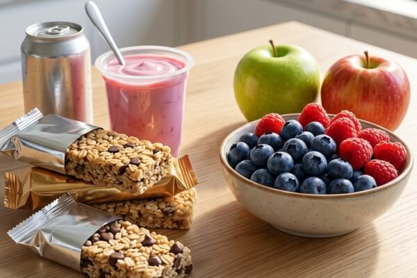 A kitchen counter showing a comparison of sugary health food traps like granola bars, flavored yogurt, and soda next to gut-soothing natural sweets like fresh apples and a bowl of mixed berries.