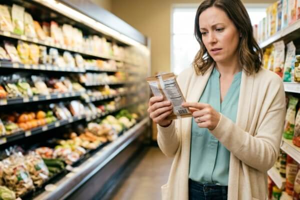 A woman carefully reading a nutrition label in a grocery store to spot hidden high-FODMAP ingredients like inulin