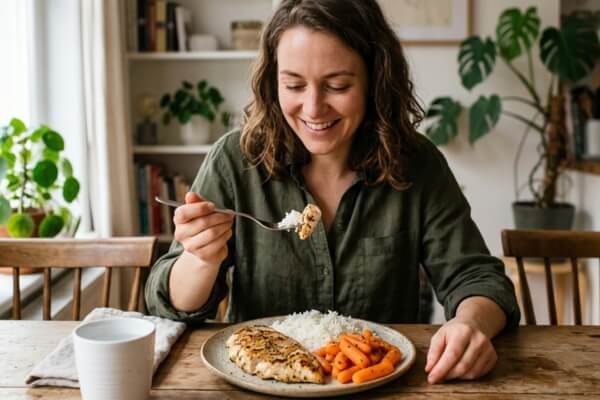 A smiling woman eating a balanced, low-fat meal of chicken, rice, and cooked carrots to support digestive wellness after gallbladder surgery.