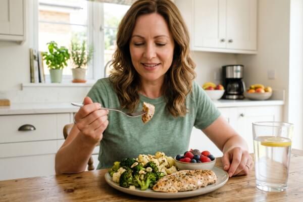Smiling woman eating a nourishing meal of chicken, broccoli, and berries to support liver wellness and hormonal balance