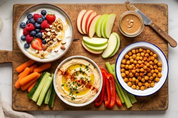 A rustic wooden cutting board featuring a liver-friendly snack spread, including a bowl of Greek yogurt with berries and walnuts, apple slices, roasted chickpeas, and fresh vegetables with hummus.