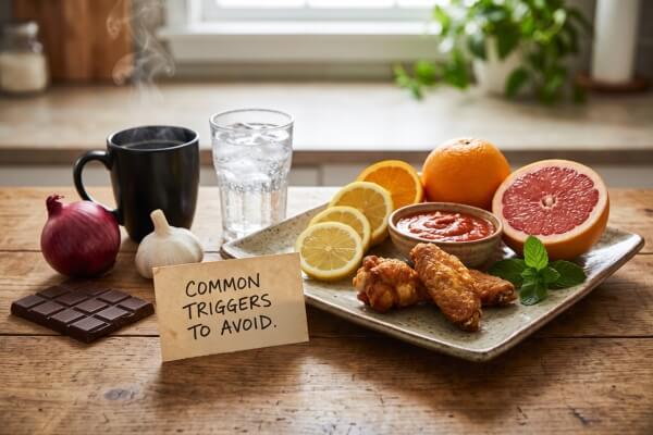 A wooden table showing common acid reflux trigger foods to avoid, including coffee, citrus, garlic, chocolate, and fried foods.