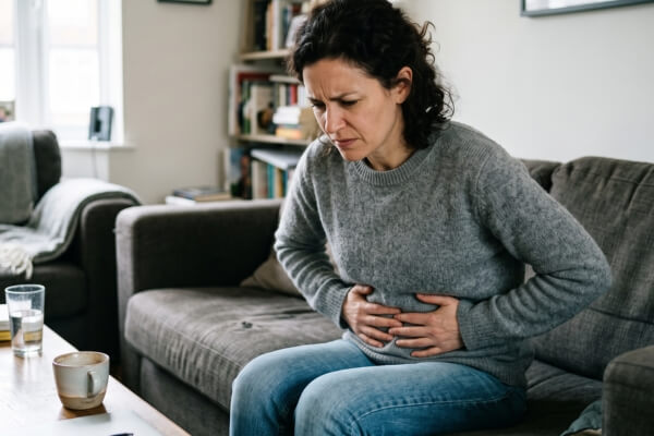 Woman holding her stomach, seeking ways to soothe digestion after gallbladder removal