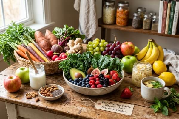 Fresh gut-friendly foods including fruits, vegetables, and fermented jars on a rustic wooden table to support daily digestive wellness