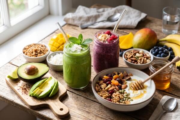 Nutrient-dense green and berry smoothies alongside yogurt topped with nuts and granola illustrating hidden sugars in MASLD diet foods