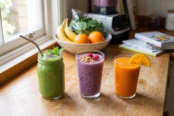 Three healthy fruit and green smoothies in glass jars on a wooden counter