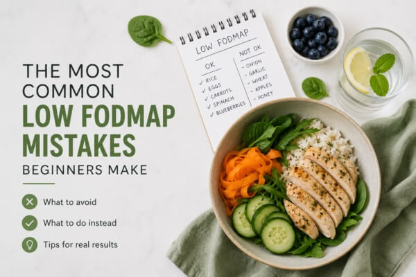 Checklist of common low FODMAP diet mistakes beginners make next to a healthy meal bowl