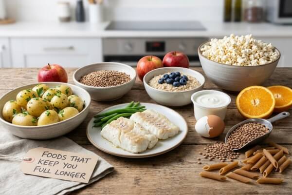 Healthy spread of foods that keep you full longer including potatoes, white fish, oats, and legumes on a wooden table