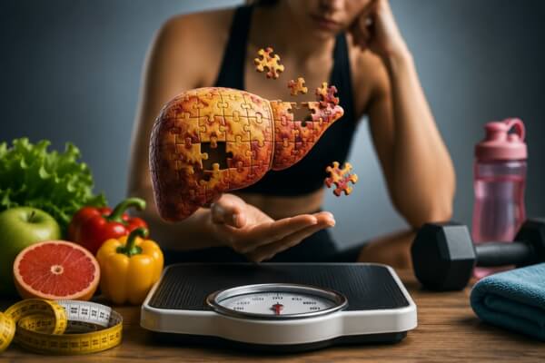 Puzzle-piece liver floating above a weight scale demonstrating the complex factors of metabolic dysfunction-associated steatotic liver disease management