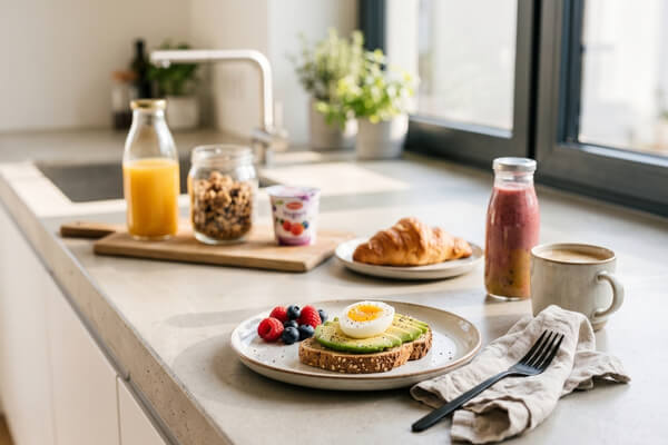 A liver-friendly breakfast layout featuring oatmeal, berries, and avocado toast to support MASLD wellness
