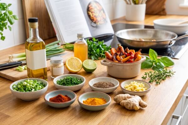 Fresh ingredients like chives, ginger, and garlic-infused oil to replace onion and garlic on a low FODMAP diet.