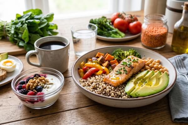Balanced plate with baked salmon, avocado, and fiber (fibre)-rich grains supporting MASLD nutrition and daily liver wellness.