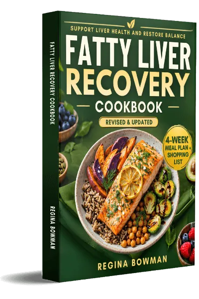 Cover of the revised and updated Fatty Liver Recovery Cookbook by Regina Bowman featuring healthy meals