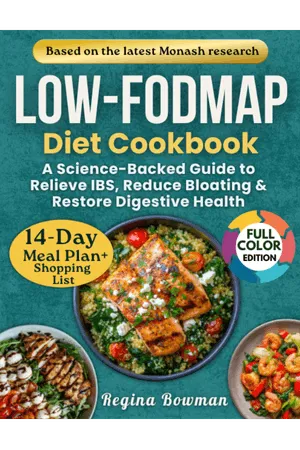 Cover of the Low-FODMAP Diet Cookbook by Regina Bowman, featuring a healthy meal plan for IBS relief and digestive health.