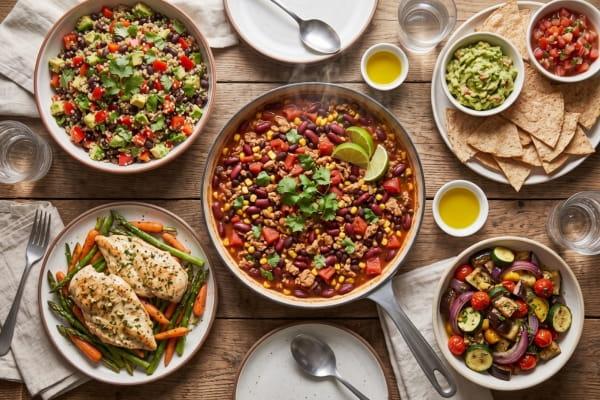 A rustic wooden table displaying easy dinner ideas including baked salmon, chickpea curry, and a quinoa salad bowl.