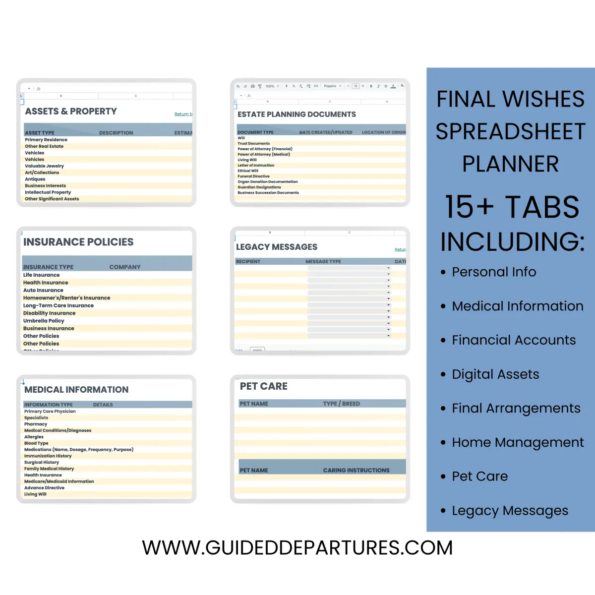 Preview of six spreadsheet tabs from the Final Wishes Spreadsheet Planner with list of included categories like personal info, pet care, and medical details