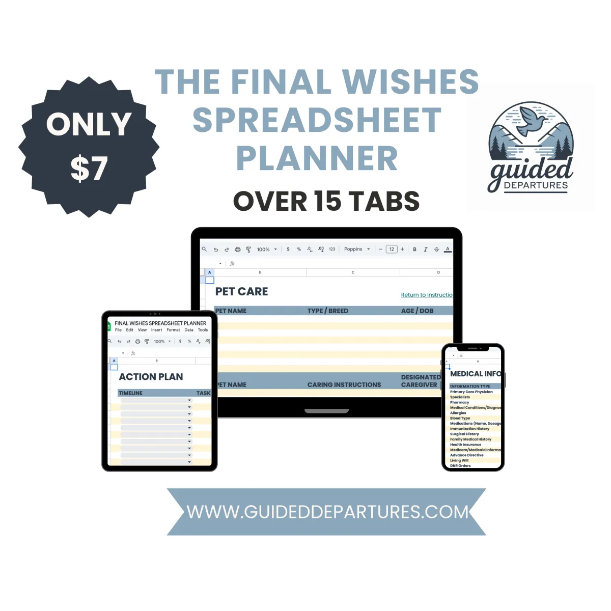 Final Wishes Spreadsheet Planner shown on laptop, tablet, and phone – over 15 digital tabs included, just $7