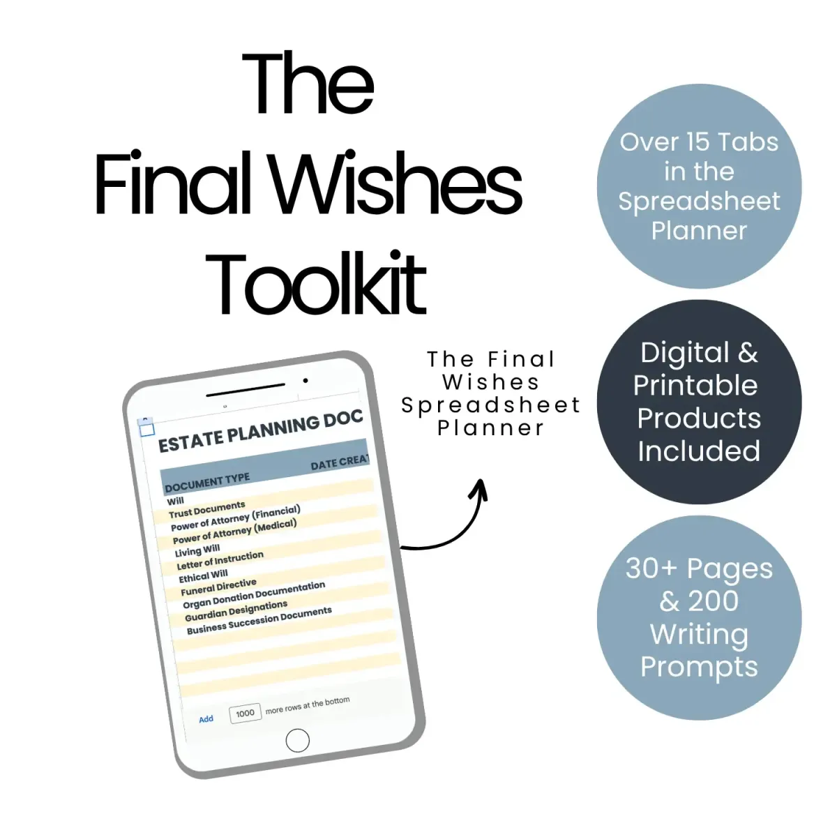 Final Wishes Spreadsheet Planner shown on laptop, tablet, and phone – over 15 digital tabs included, just $7
