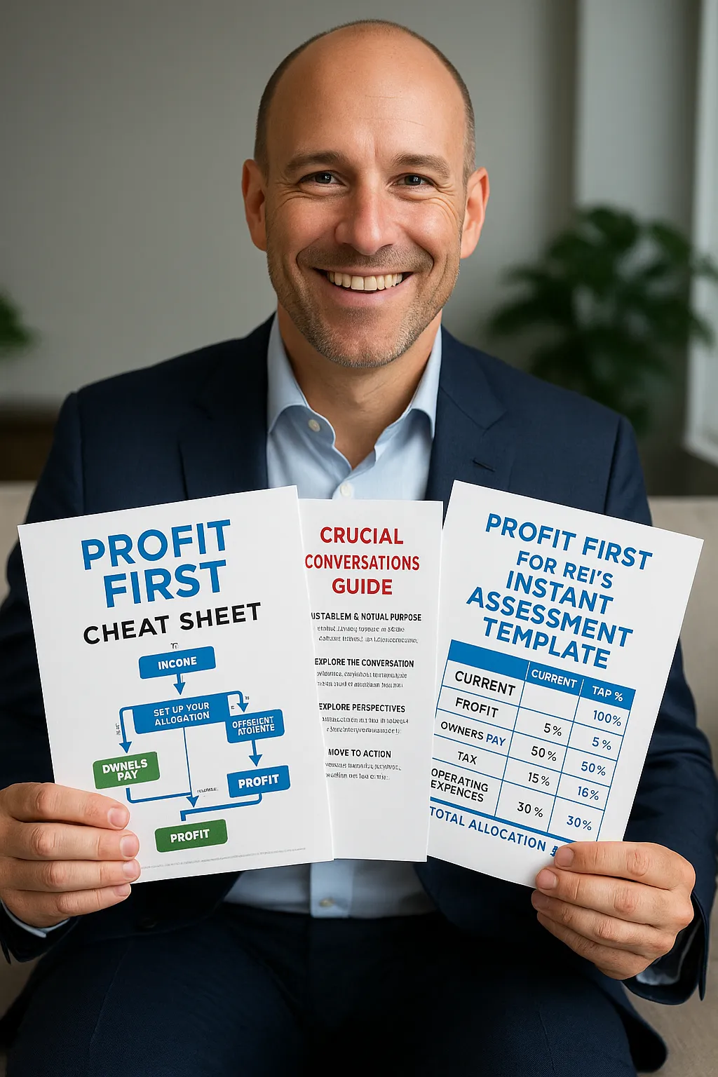 CEO holding Profit First Cheat Sheet, Crucial Conversations Guide, and Profit First for REIs Instant Assessment Template