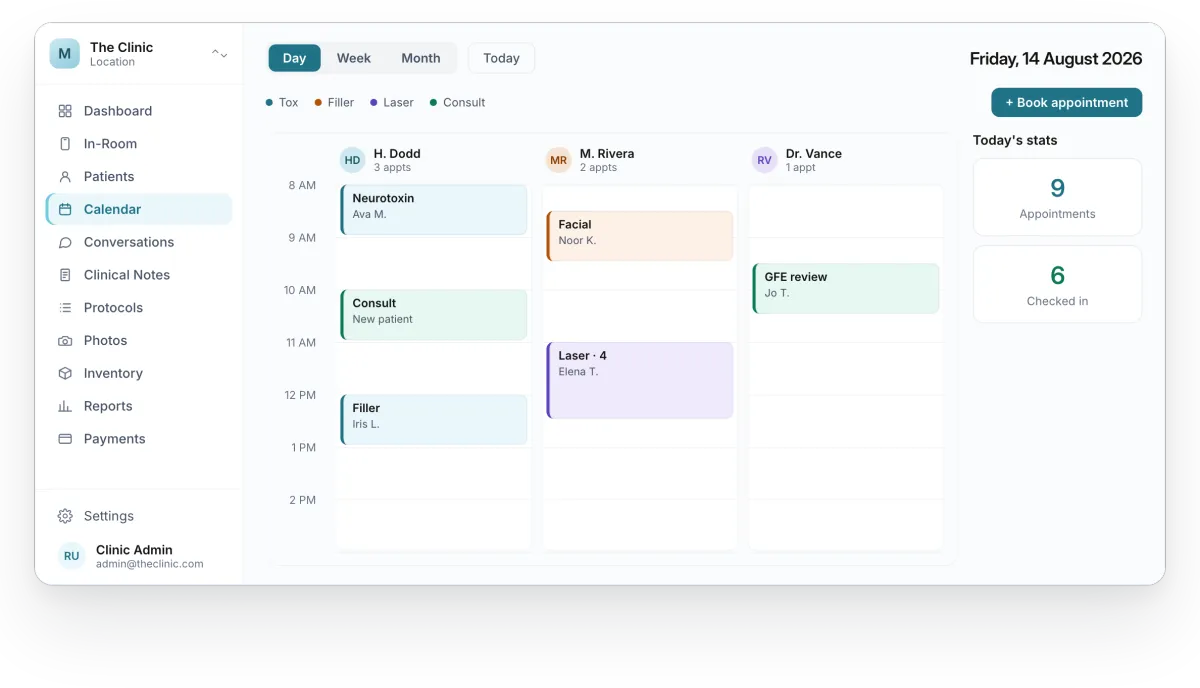 Med Spa Marketing AI EMR calendar, clinical notes, protocols, photos, inventory, reports, and payments