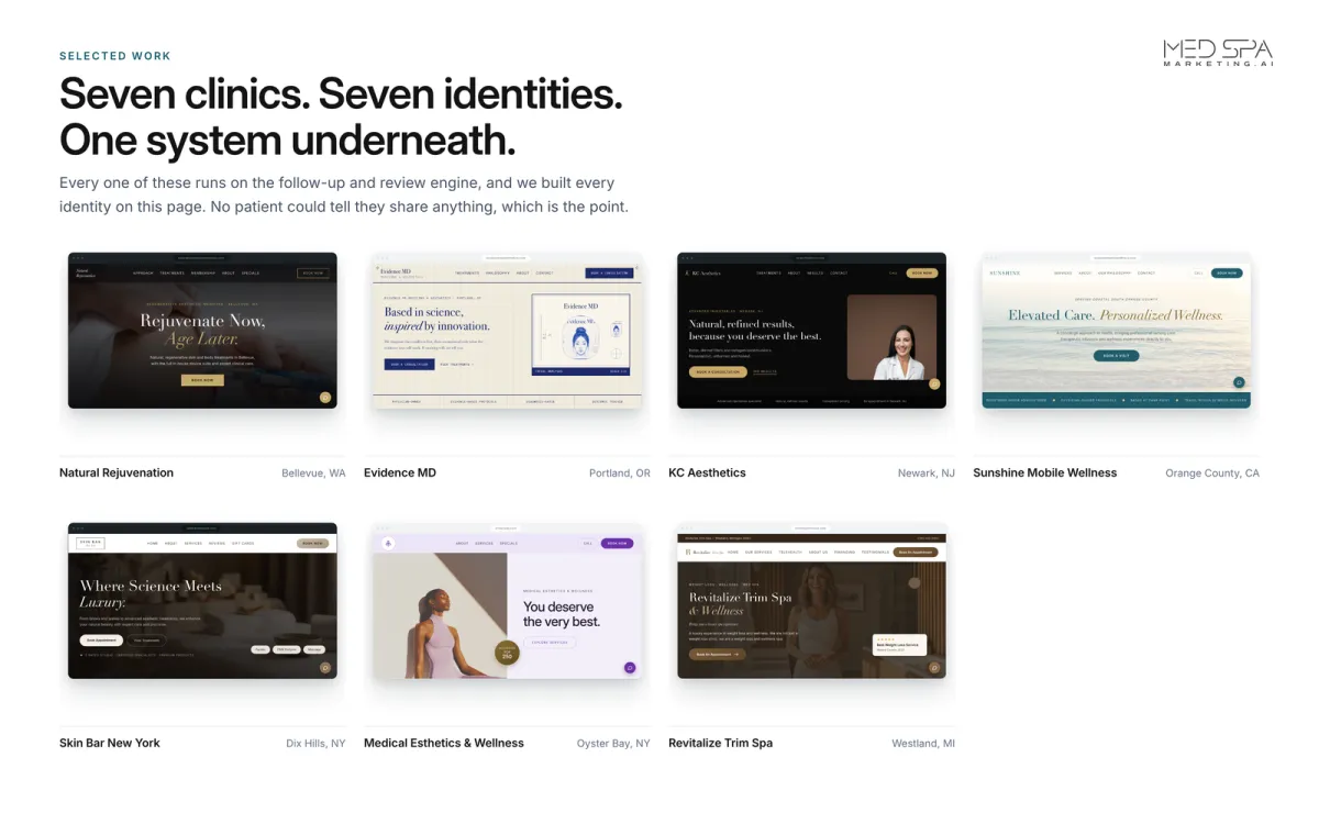 Seven distinct med spa websites designed by Med Spa Marketing AI