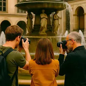 Groupe apprenant la photographie dans une ambiance conviviale à Granville