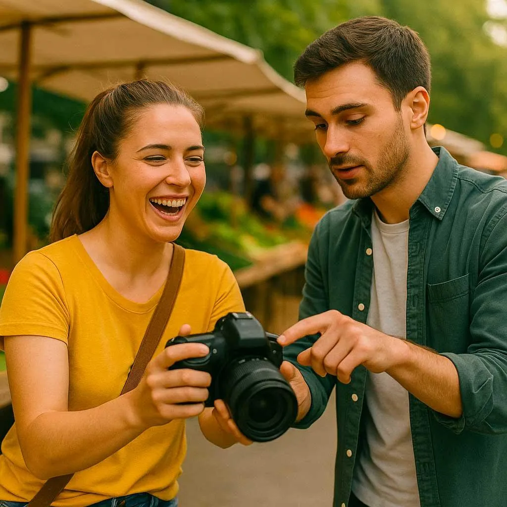 Deux jeunes photographes partagent un moment complice lors d’un atelier photo en plein air