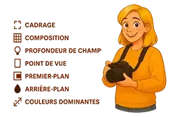 Techniques de composition photo enseignées : cadrage, point de vue, profondeur de champ