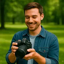 Photographe débutant apprenant à utiliser son reflex en atelier à Granville