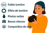Illustration des techniques de photographie nocturne : faible lumière, effets de lumière, photos nettes, basses vitesses et composition de nuit