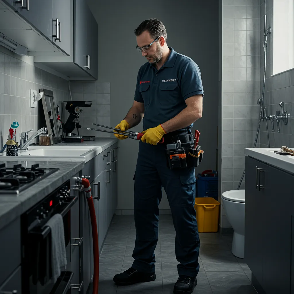 Plumber fixing kitchen sink and tap in a Glasgow home