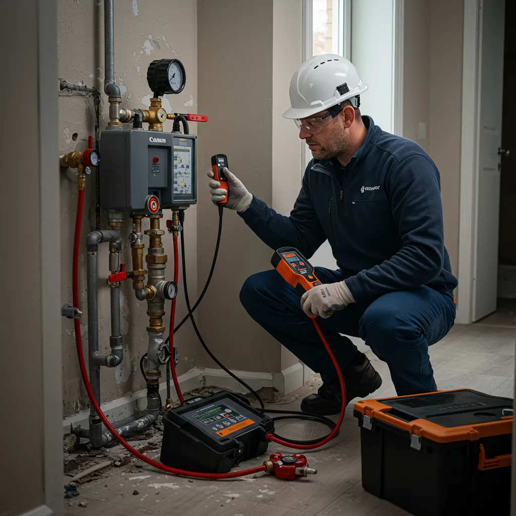 Engineer performing gas leak detection and pipe repair in Glasgow