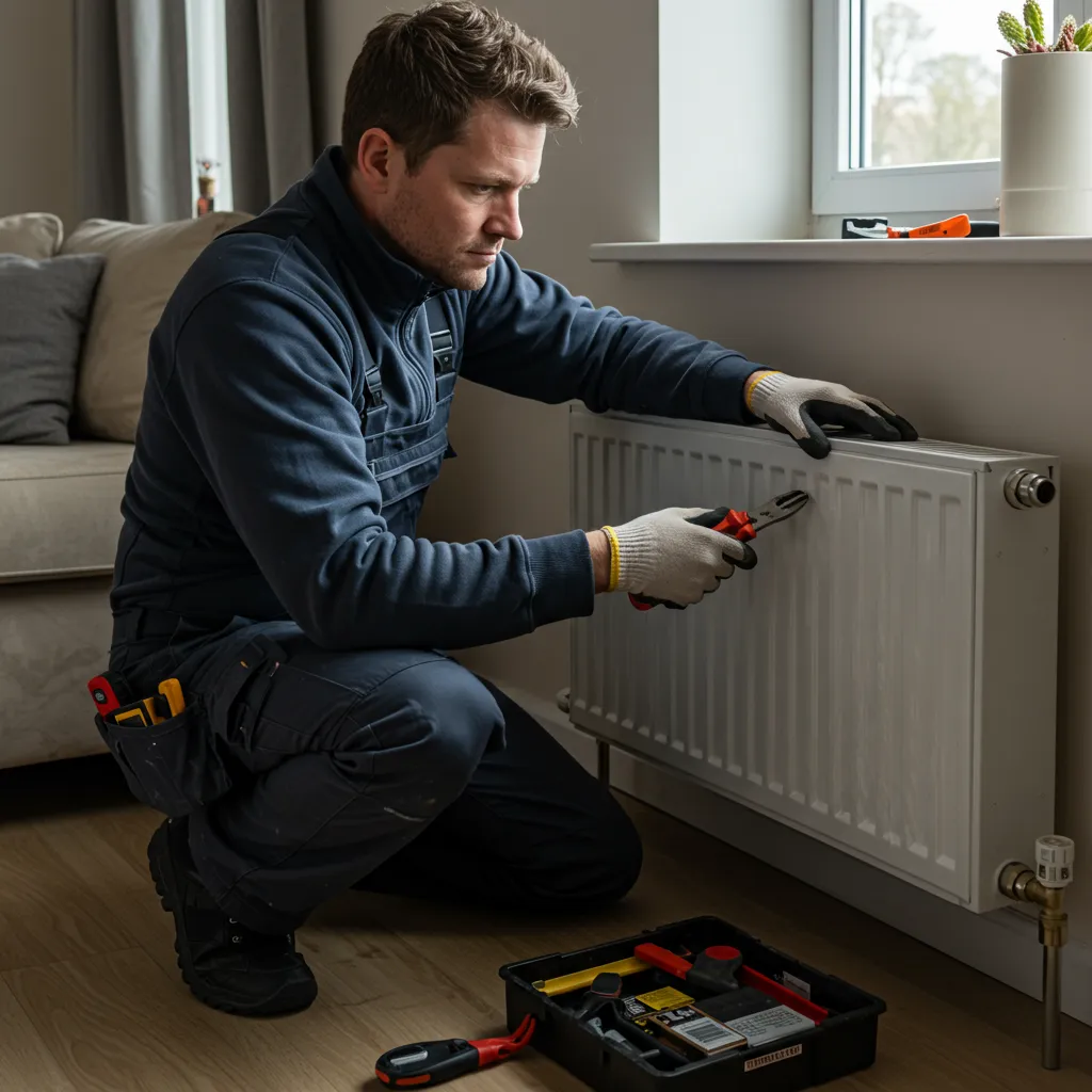 Engineer installing and balancing radiator for even heat, Glasgow
