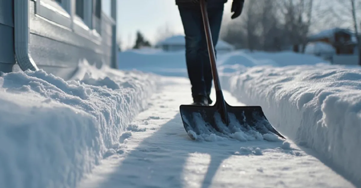 A man removing snow using a shovel from a side walk .