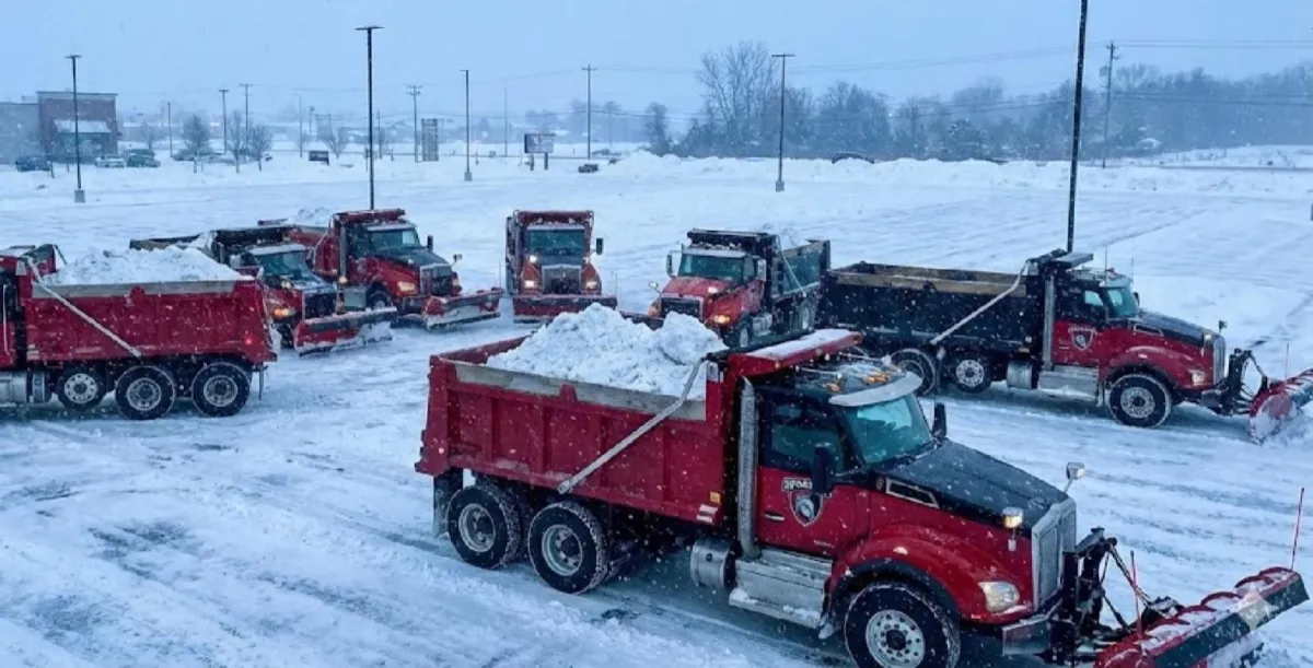 Fleer of snow removal trucks loaded with snow.