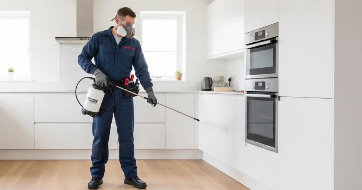 A male spraying pesticides to prevent pest.