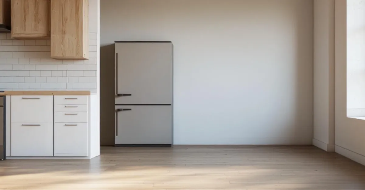 A Clean Suite Area with a Refrigerator.
