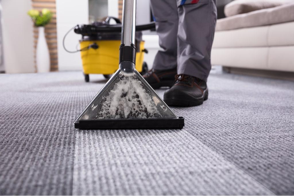 Professional steam cleaning machine being used on a gray carpet to turn empty units into income quickly.