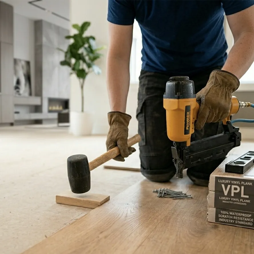 Worker installing a luxury vinyl plank on a floor using a mallet and a professional nail gun.