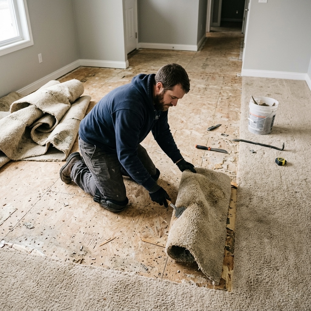 Removal of old carpet and subfloor prep to ensure professional leveling of the floor.