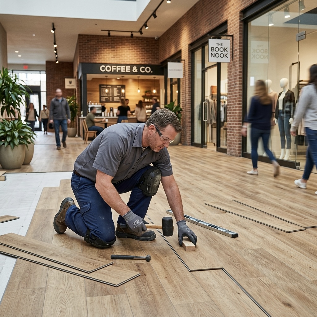 Installation of high-durability commercial grade flooring in a retail hallway or common area.