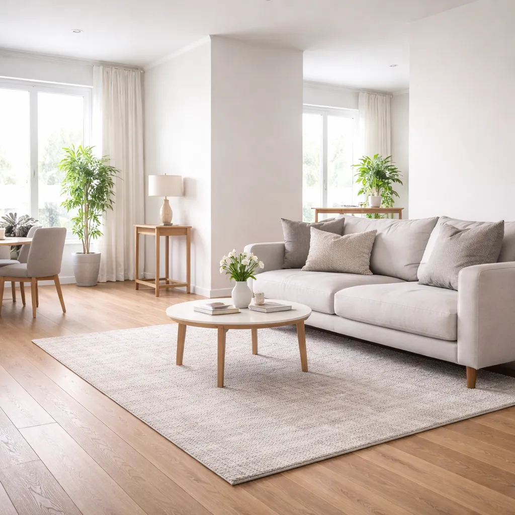 A modernized living room after full structural rebuilds and matching drywall textures to return the unit to rent-ready condition.