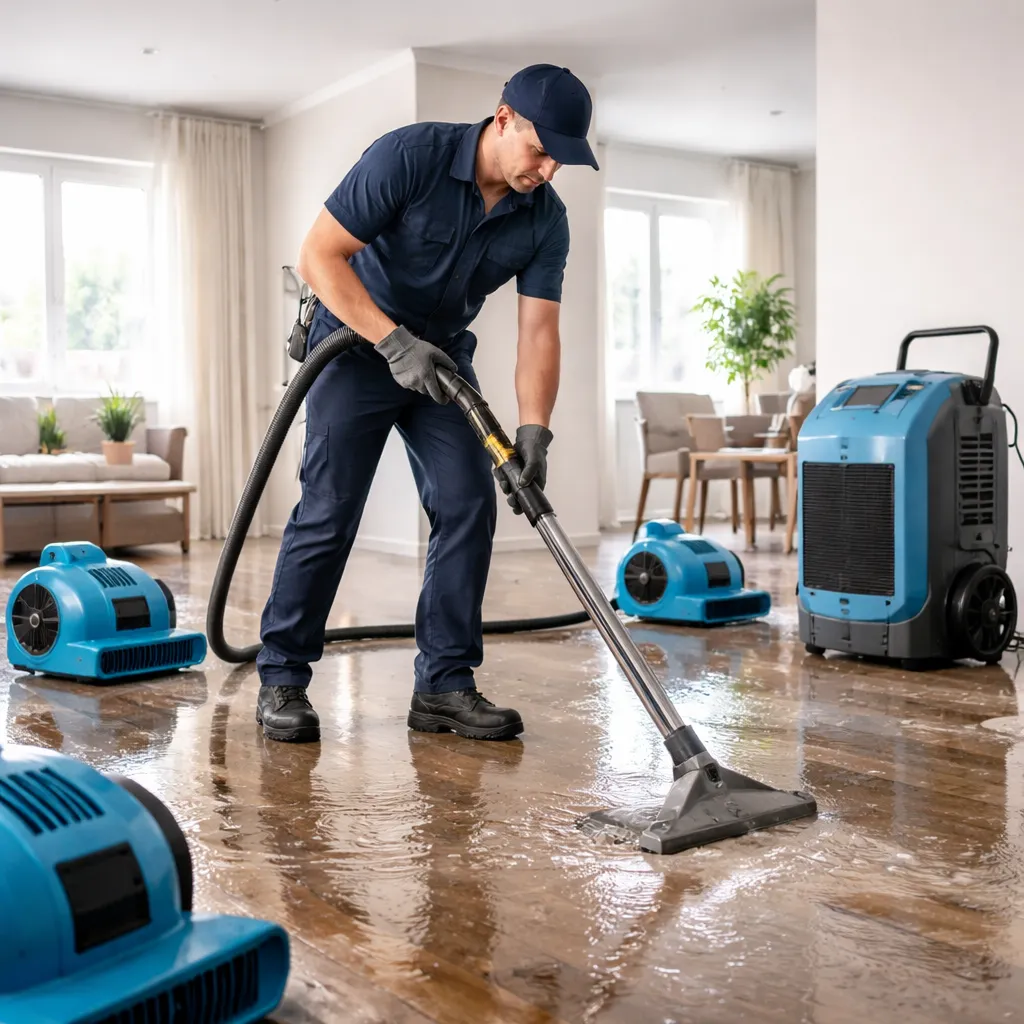 Industrial-grade water extraction and drying using professional dehumidification and water removal equipment on a wood floor.