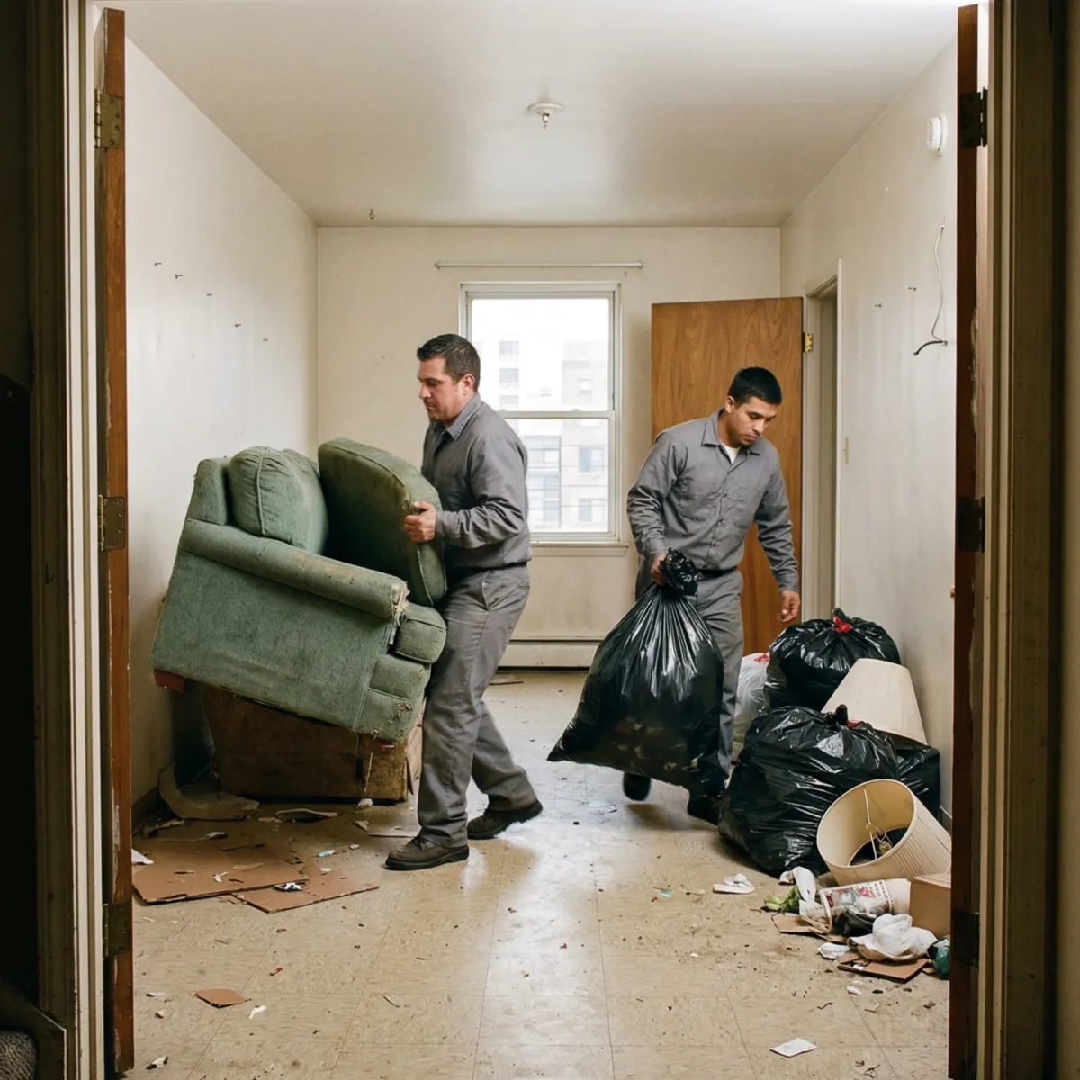 Removing furniture and trash bags during a full-unit sweep to clear abandoned personal items.