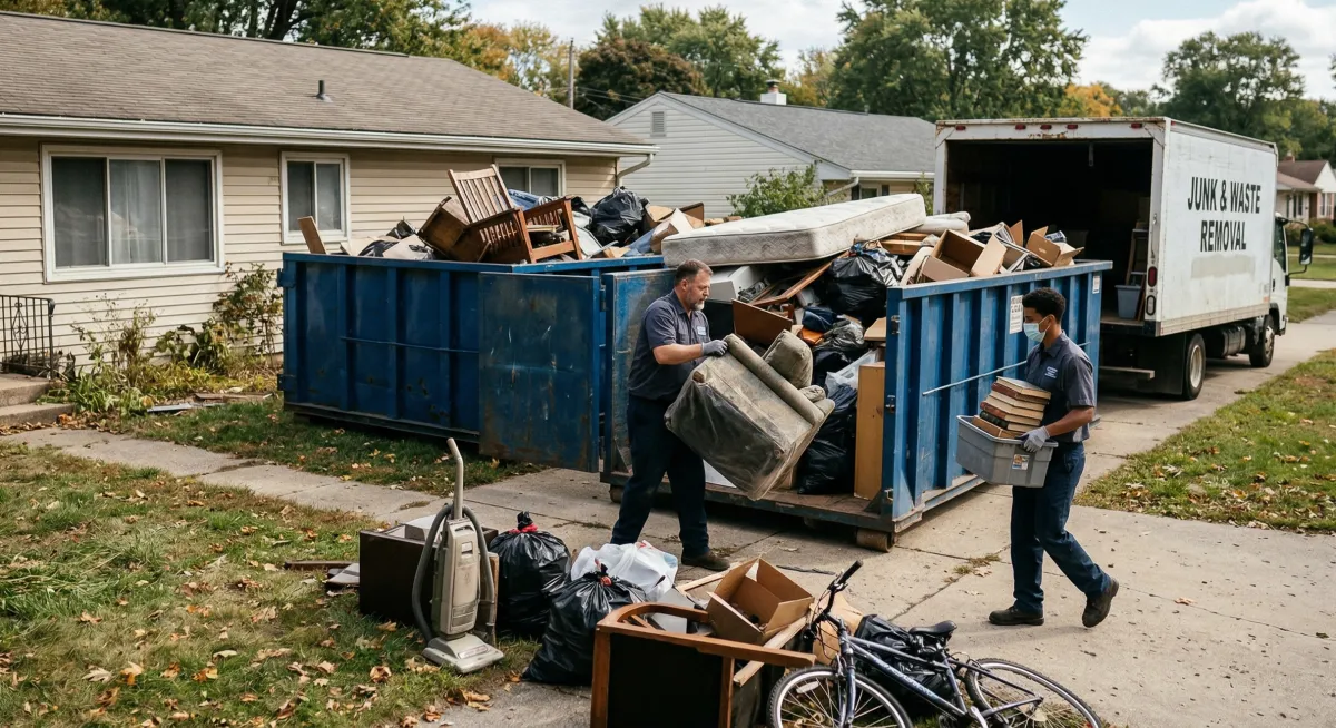 Full-service junk and debris removal featuring furniture and leftover items being loaded into a large blue disposal bin and a removal truck.