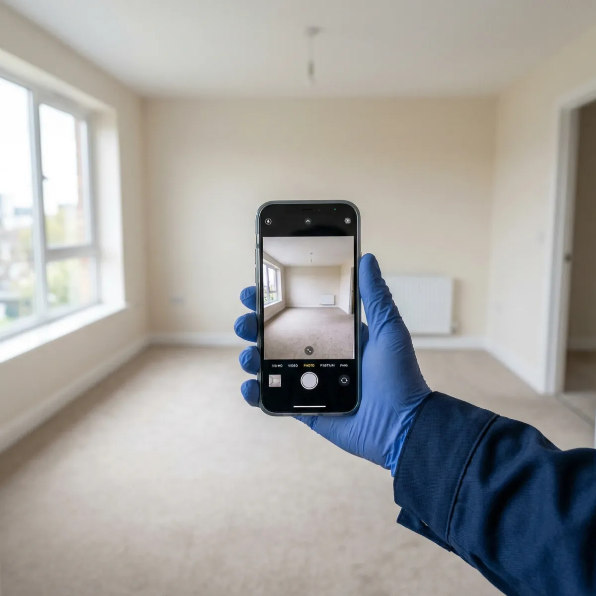 Taking timestamped photos of a cleared unit on a smartphone for legal and insurance records.