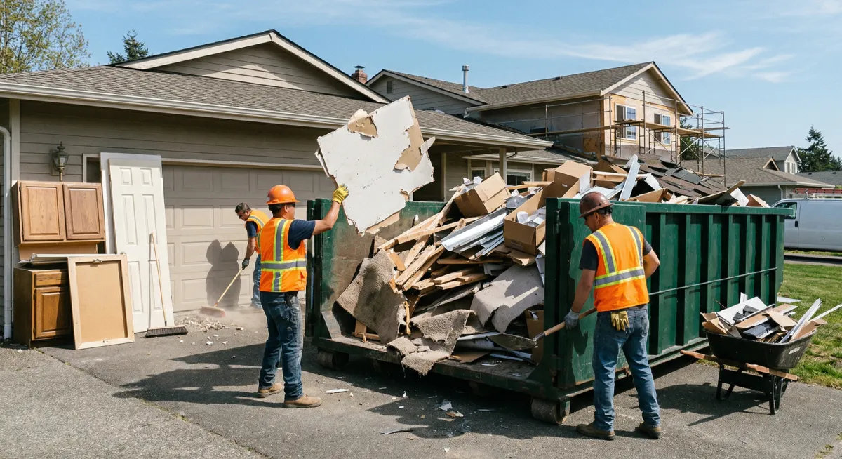 Loading wood and construction debris into a green disposal bin to keep the job site clean and moving without delays.