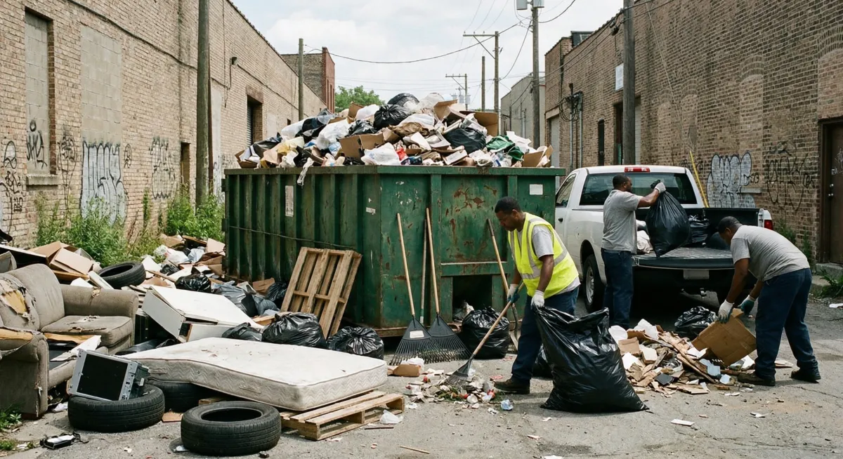 Quickly clearing unwanted trash, old mattresses, and tires for illegal dumping cleanup to protect the property’s image.